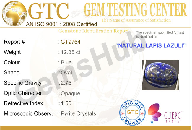12.35 ct Natural Certified Lapis Lazuli (Lajwart)